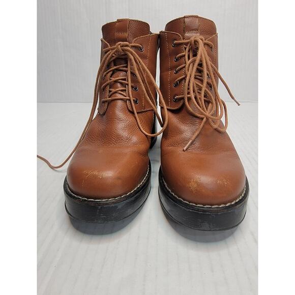 TopShop Booties Sz. 37 6.5 Chunky Heel Cutout Ankle Boots Leather Tan Lace Up - Picture 3 of 11